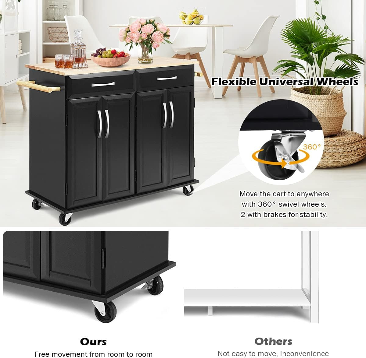 Kitchen Island Cart with Storage, Drawers, and Butcher Block Table