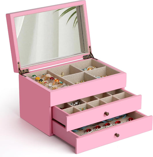 Elegant Pink Jewelry Organizer with Mirror - 3-Layer Storage Case for Necklaces, Earrings, Bracelets, and Rings in Vintage Finish