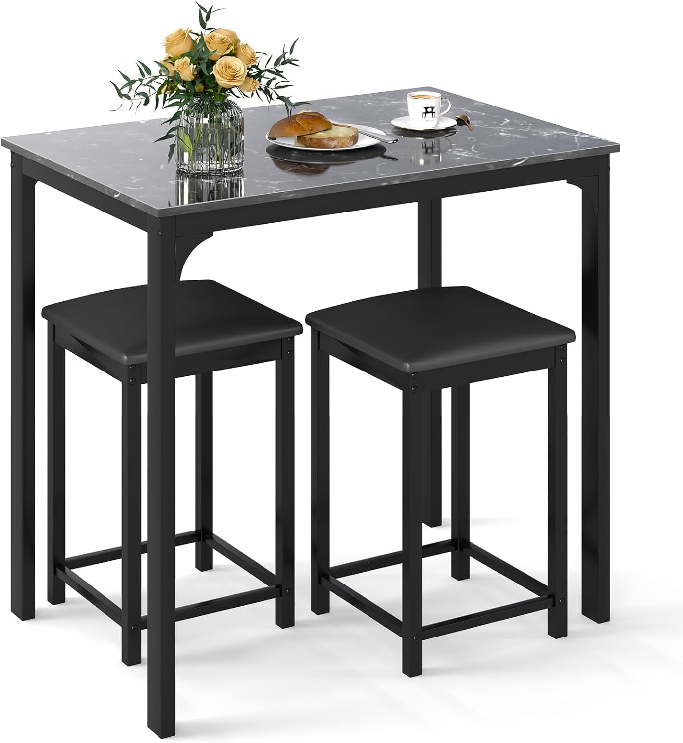 3-Piece Counter Height Dining Set for Two with Faux Marble Tabletop and Metal Frame, Ideal for Small Spaces and Apartments