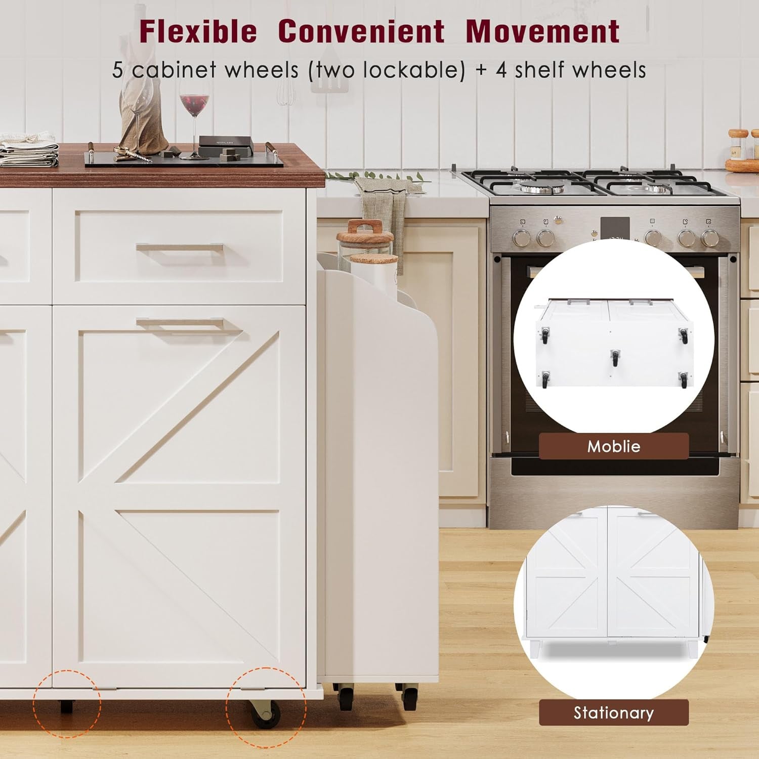 Stylish and Functional Portable White Kitchen Island with Trash Can Storage, Wheels, and Versatile Drawers for Small Spaces