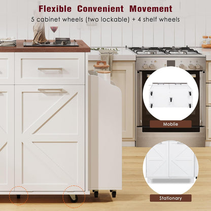 Stylish and Functional Portable White Kitchen Island with Trash Can Storage, Wheels, and Versatile Drawers for Small Spaces