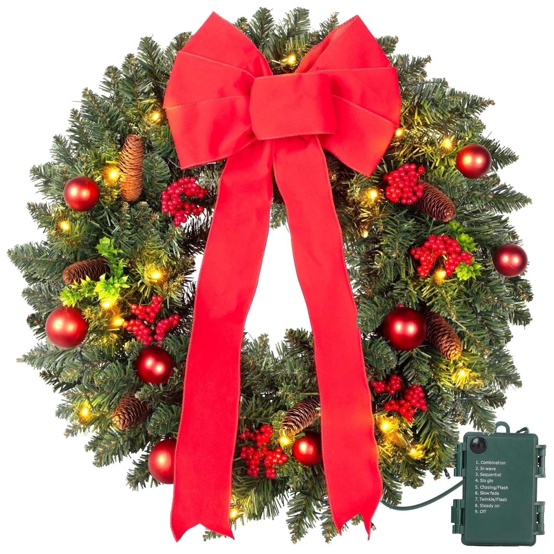 24-Inch Pre-Lit Artificial Evergreen Christmas Wreath with Bow and Lights for Indoor and Outdoor Holiday Decor, Green