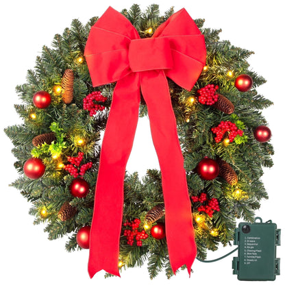 24-Inch Pre-Lit Artificial Evergreen Christmas Wreath with Bow and Lights for Indoor and Outdoor Holiday Decor, Green