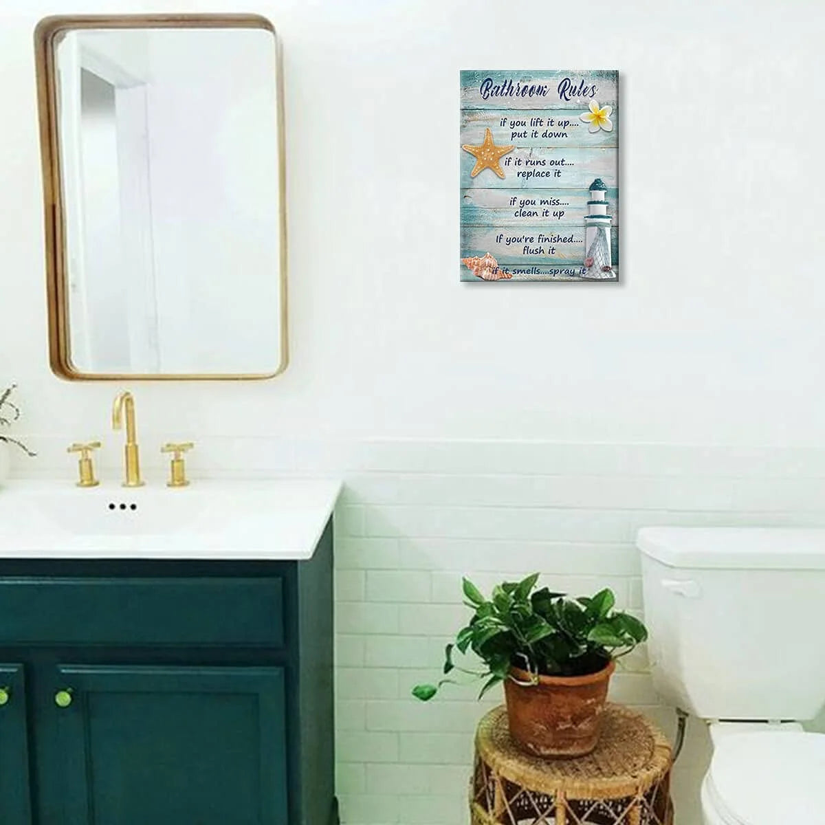 Rustic Beach Bathroom Wall Art – Seashells & Lighthouse Canvas Print, 12"x16", Farmhouse Ocean Decor