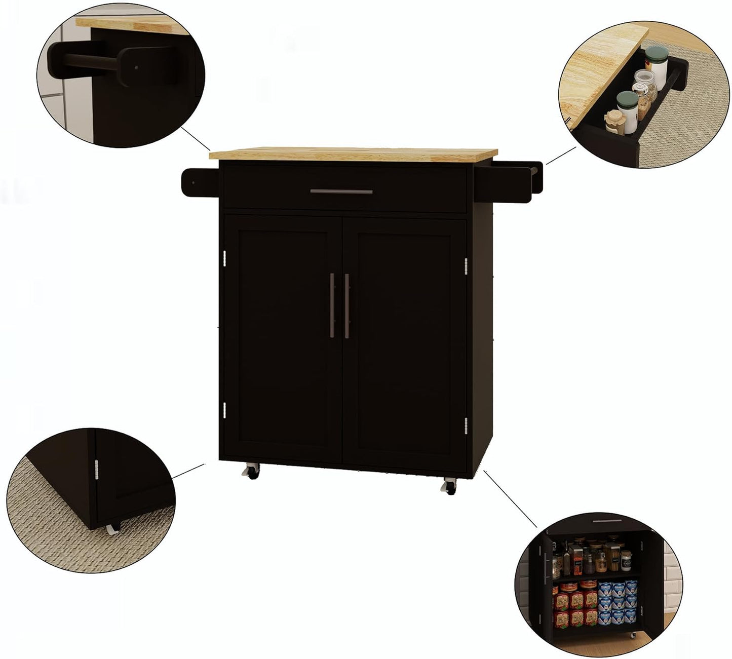 Stylish Mobile Kitchen Island with Versatile Rubberwood Top, Ample Storage, and Convenient Towel & Spice Racks in Elegant Black