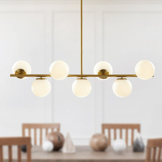 Mid-Century Modern 7-Light Gold Globe Chandelier - Brass Linear Sputnik Design with Milk Glass Pendants for Kitchen Island and Dining Table Lighting