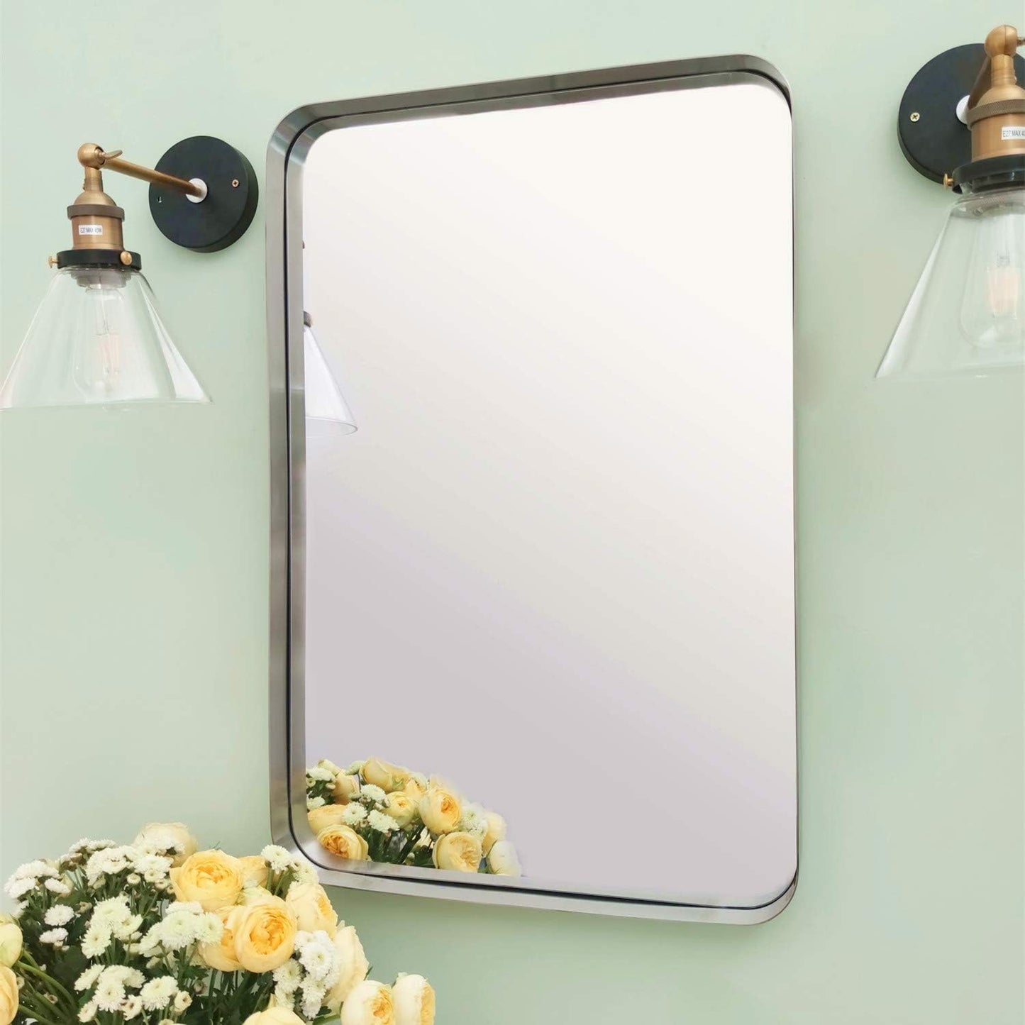 Brushed Nickel Framed Wall Mirror – 24" x 36" Rounded Rectangular Design in Stainless Steel for Bathroom Vanity