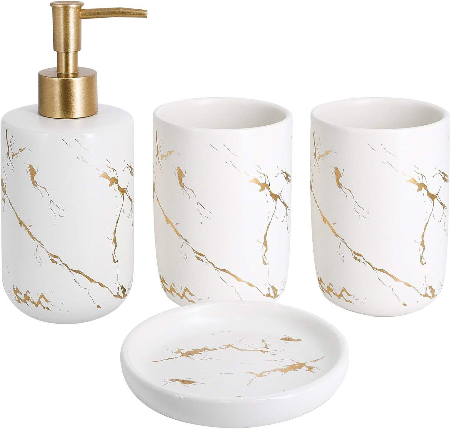 4-Piece Cream Bathroom Set – Ceramic Dispenser, Tumblers & Soap Dish