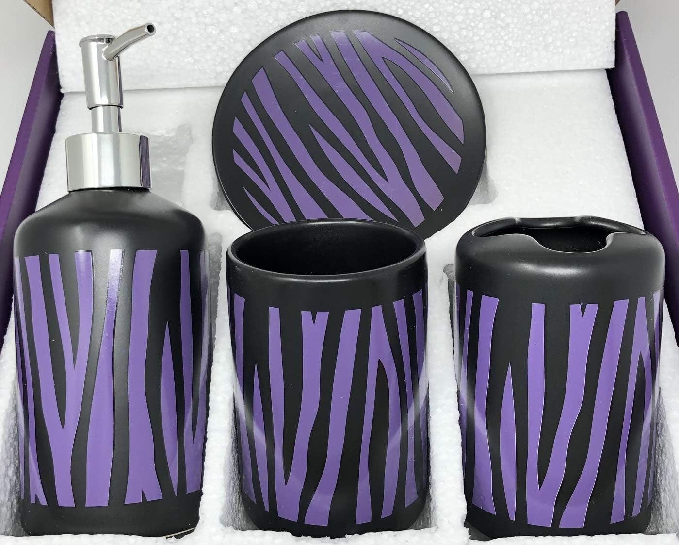4-Piece Ceramic Bath Set — Purple Zebra Print