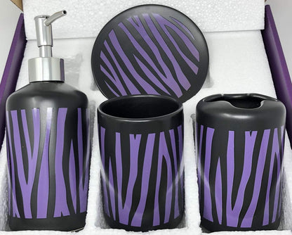 4-Piece Ceramic Bath Set — Purple Zebra Print