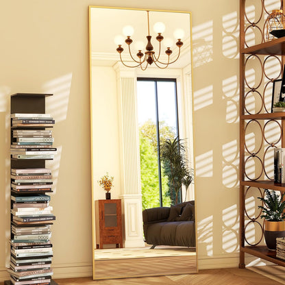 64"x21" Full-Length Freestanding or Leaning Rectangle Floor Mirror with Thin Aluminum Alloy Frame for Bedroom and Living Room, Gold Finish