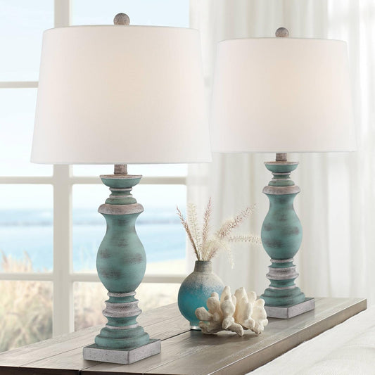 Patsy Traditional Country Cottage Table Lamps - Set of 2, 26.5" High with Blue Gray Washed Tapered Fabric Drum Shades for Living Room, Bedroom, and Nightstand Decor