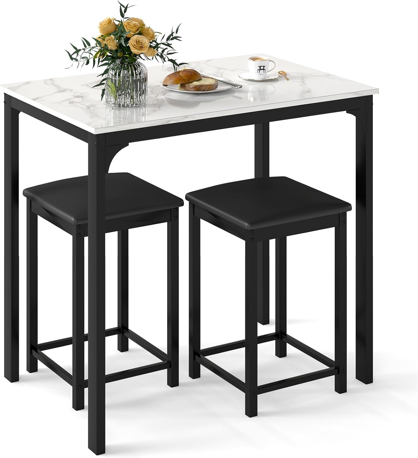 3-Piece Counter Height Dining Set for Two with Faux Marble Tabletop and Metal Frame, Ideal for Small Spaces and Apartments