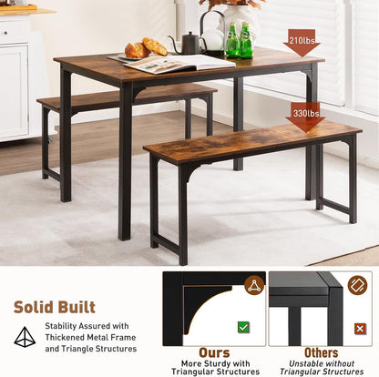 3-Piece Dining Table Set for 4 with Solid Wood Top and Reinforced Metal Frame, Space-Saving Design Ideal for Home, Restaurant, and Outdoor Use
