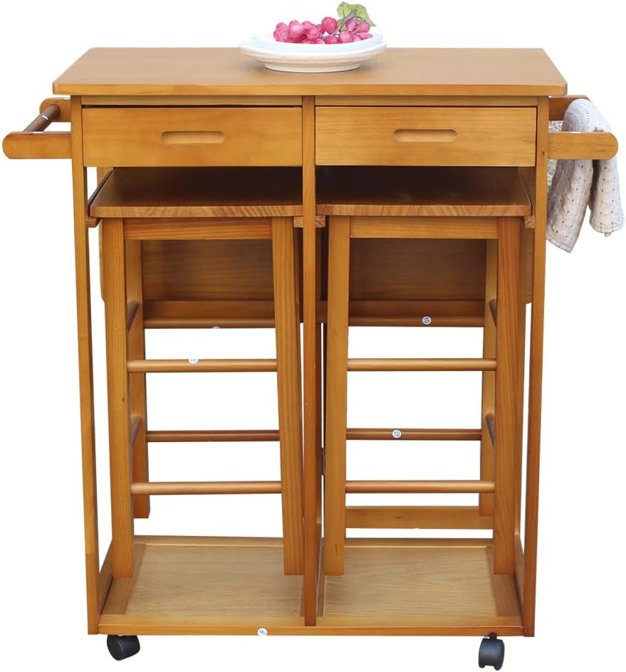 Foldable Space-Saving Kitchen Island Trolley Cart with Two Stools and Dual Drawers, Solid Wood Drop Leaf Dining Table Set for Home, Kitchen, and Dining Room (Brown)