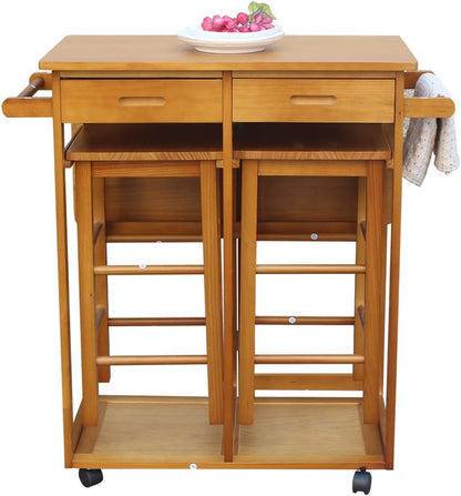 Foldable Space-Saving Kitchen Island Trolley Cart with Two Stools and Dual Drawers, Solid Wood Drop Leaf Dining Table Set for Home, Kitchen, and Dining Room (Brown)