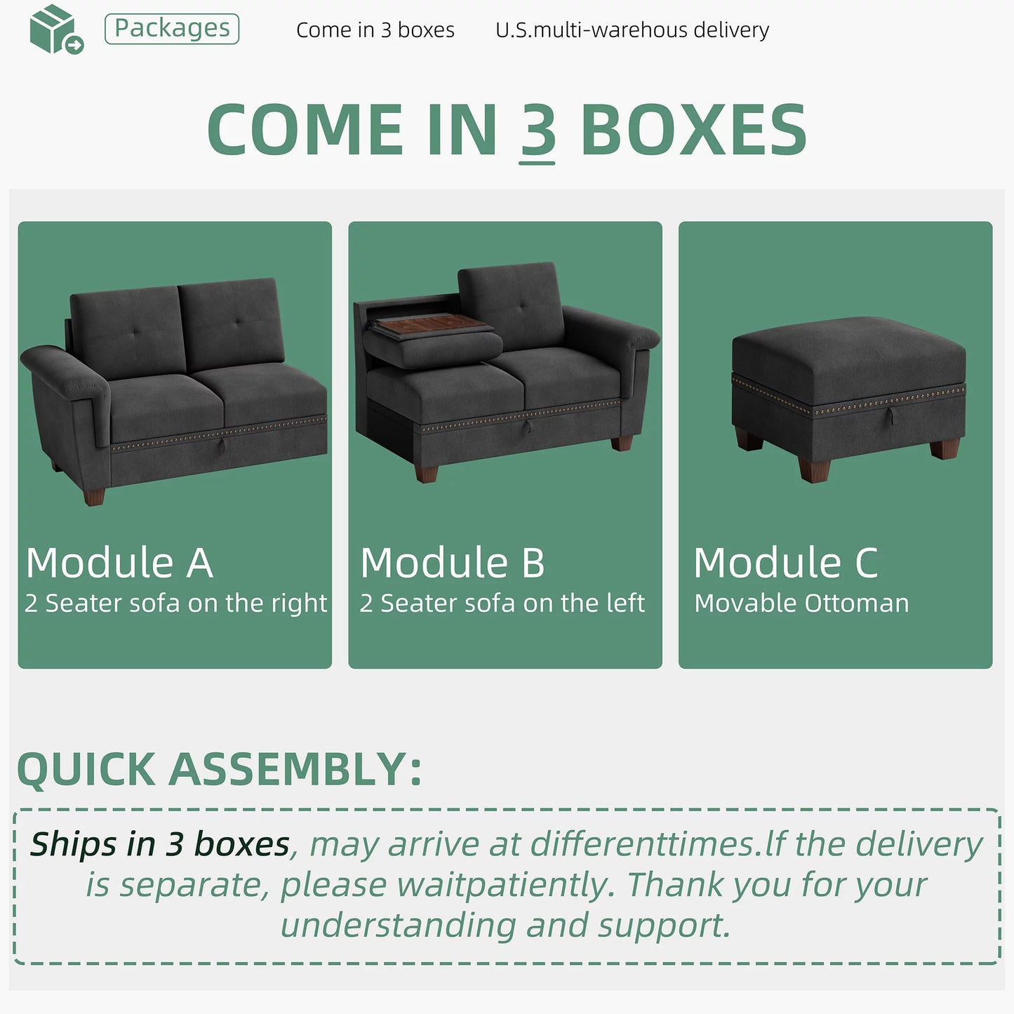 Convertible L-Shaped Sectional Sofa with Storage Chaise & Cup Holders –  4-Seater