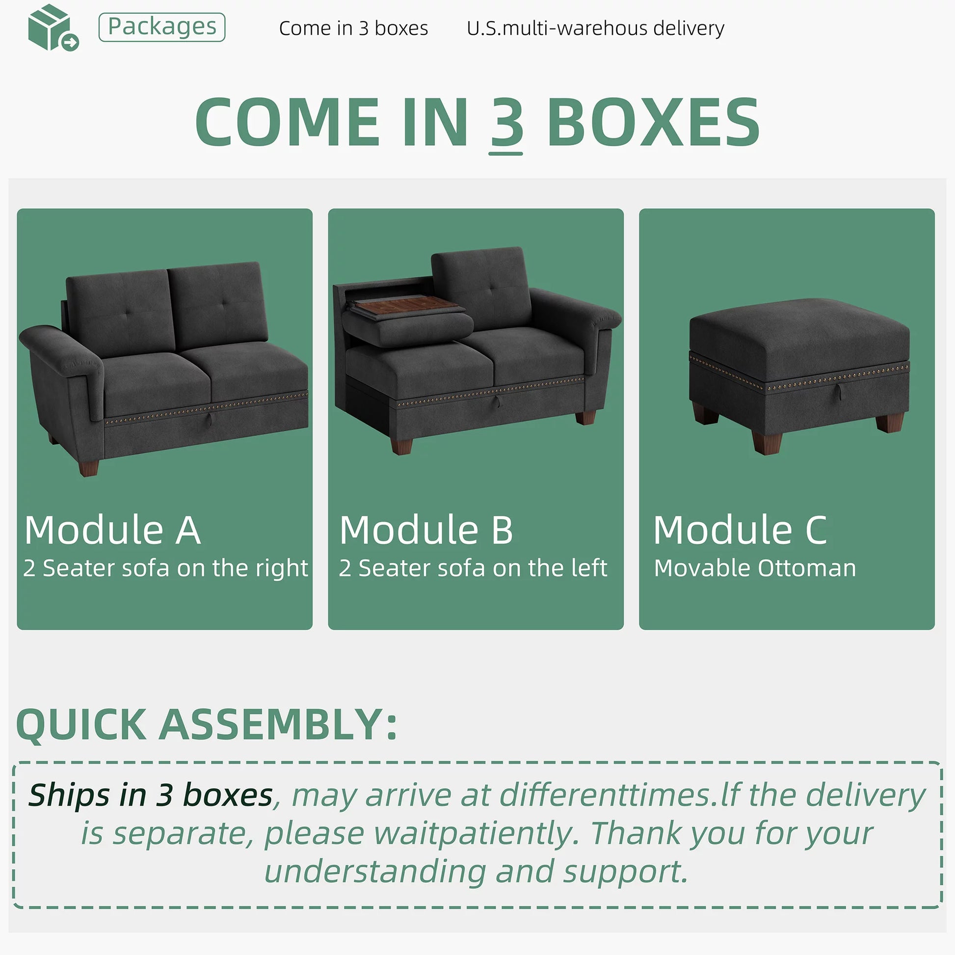 Convertible L-Shaped Sectional Sofa with Storage Chaise & Cup Holders –  4-Seater