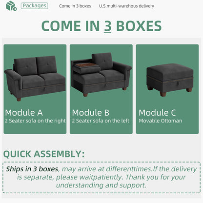 Convertible L-Shaped Sectional Sofa with Storage Chaise & Cup Holders –  4-Seater