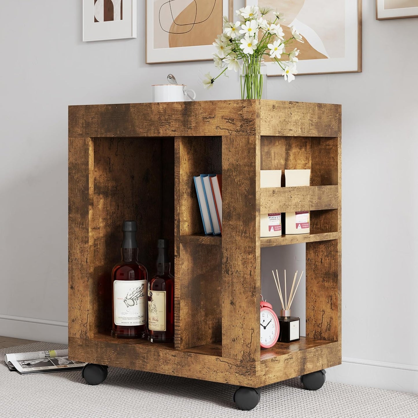 Stylish 24-Inch Extendable Kitchen Island with Convenient Sliding Handle and Ample Storage - Mobile Black Brown Kitchen Cart on Smooth Casters