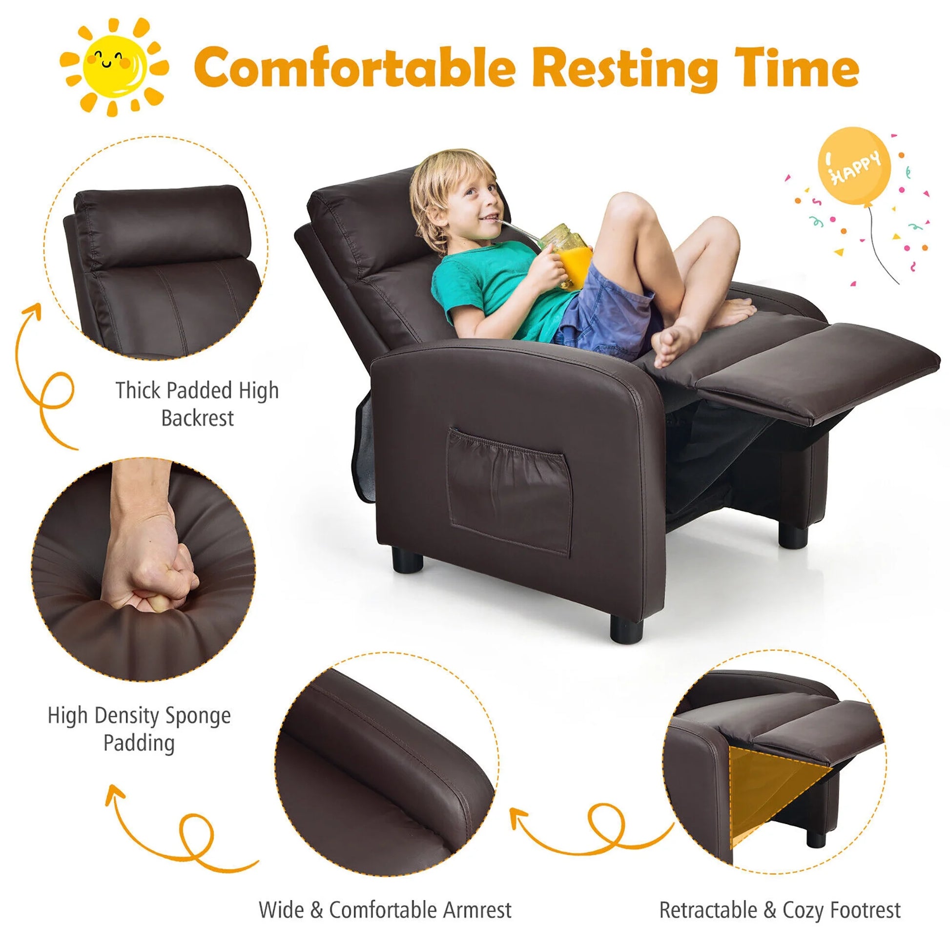 Kids Leather Recliner Chair with Footrest & Side Pocket – Brown