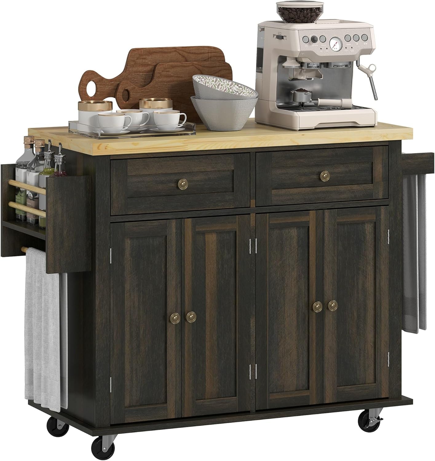 Rolling Kitchen Island Cart with Rubberwood Top, Adjustable Shelves, Drawers, Spice Rack, and Towel Rack in Brown Oak Finish