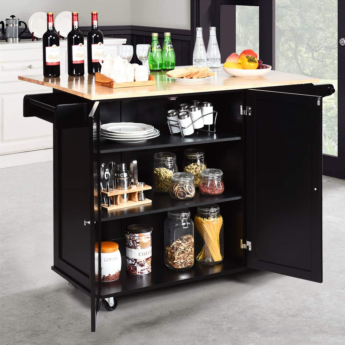 Kitchen Island Cart with Drop-Leaf Top and Storage