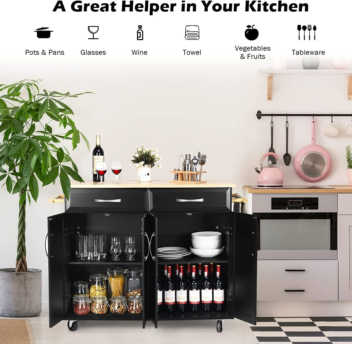 Kitchen Island Cart with Storage, Drawers, and Butcher Block Table