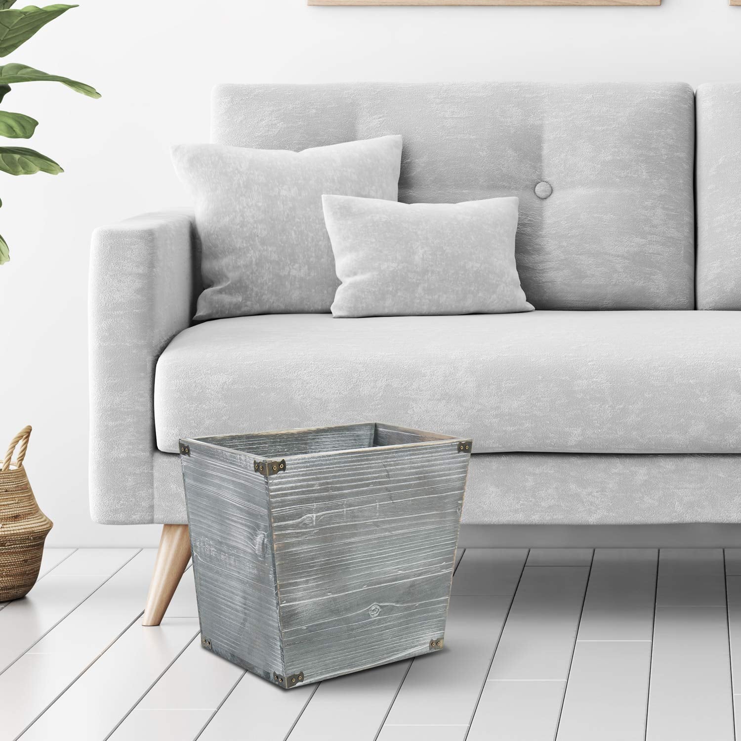 Gray Farmhouse Wood Trash Can with Metal Brackets – Rustic Waste Bin for Home & Office