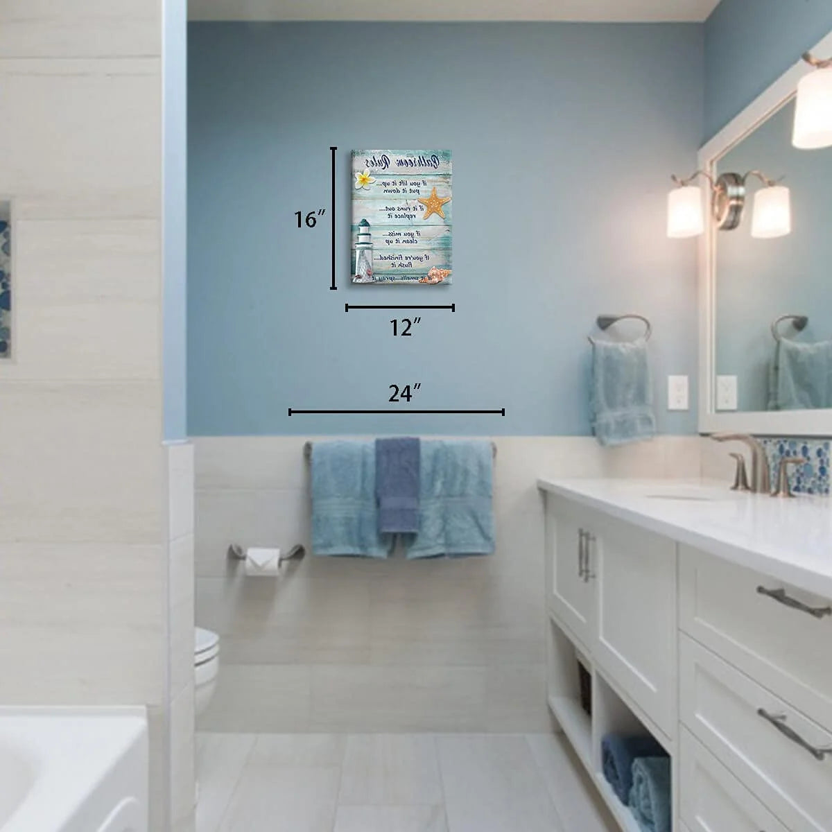 Rustic Beach Bathroom Wall Art – Seashells & Lighthouse Canvas Print, 12"x16", Farmhouse Ocean Decor