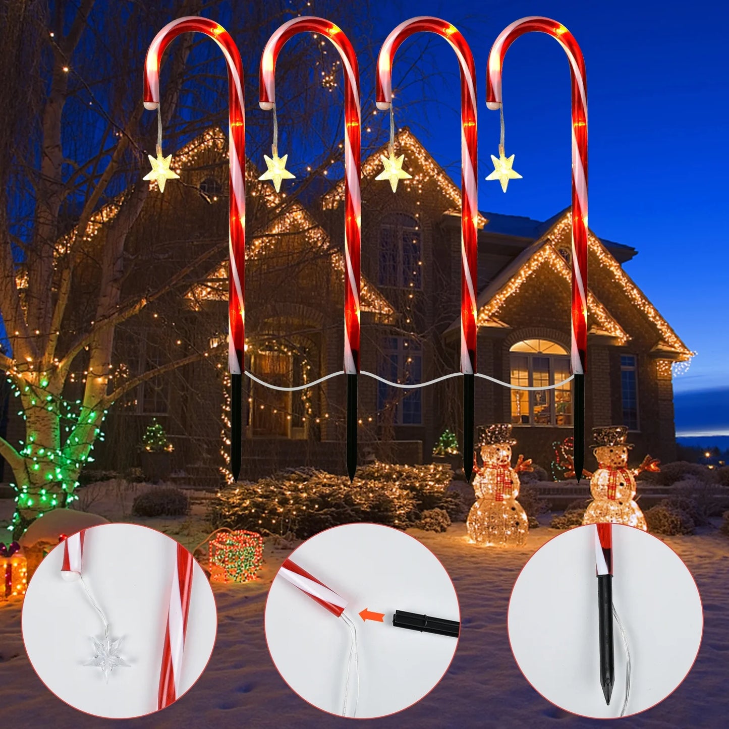 Solar-Powered Candy Cane Stake Lights - Set of 4 Outdoor Christmas Decorations for Pathway and Garden Holiday Decor