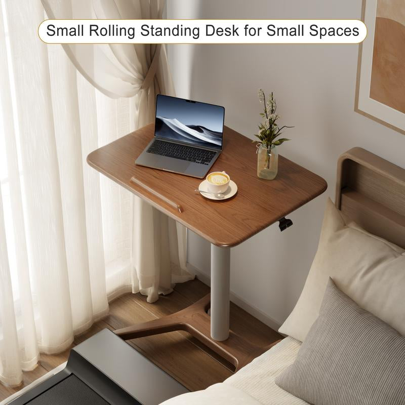 Solid Wood Mobile Standing Desk, Adjustable Work Table with Wheels, Space Saving, Rolling Standing Desk for Home Office, Bedroom,Couch