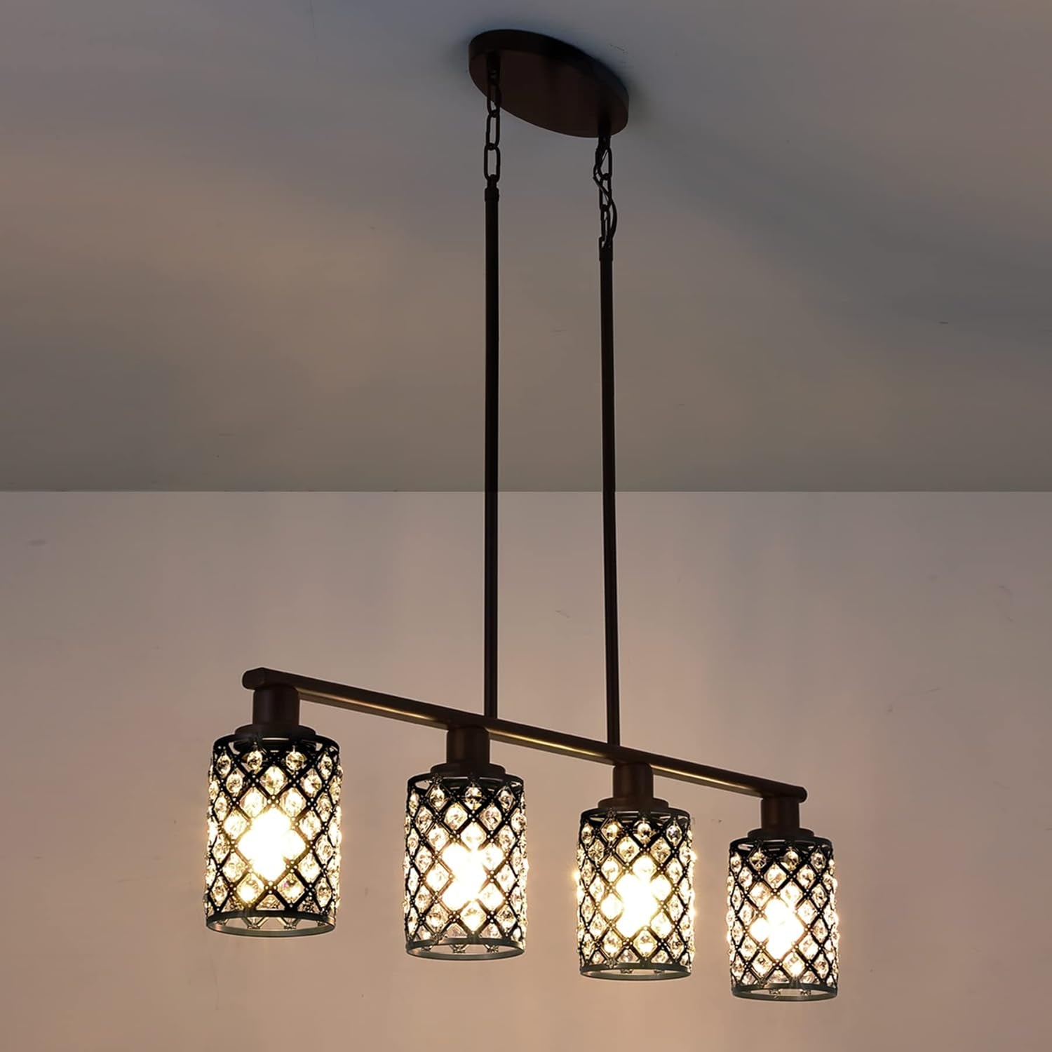 Elegant Black Linear Chandelier with K9 Crystal and Grid Shade - 4-Light Pendant Fixture for Dining Room and Kitchen Island