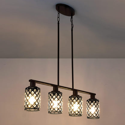 Elegant Black Linear Chandelier with K9 Crystal and Grid Shade - 4-Light Pendant Fixture for Dining Room and Kitchen Island