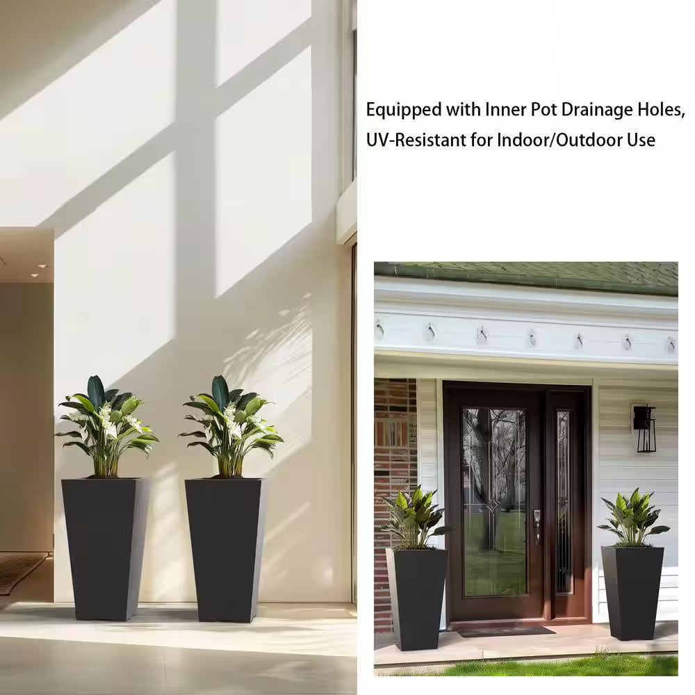 Set of 2 Tall Square Planter Pots – 27.5" Charcoal Black, Indoor/Outdoor Use