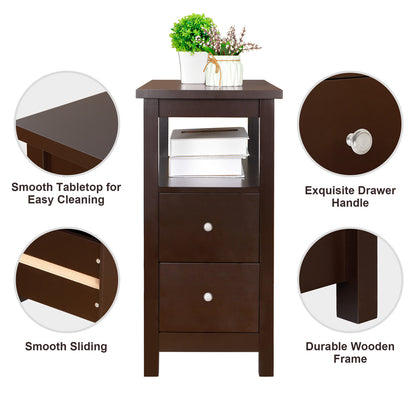 Set of 2 Narrow End Table W/2 Drawers Open Shelf Sofa Side Table for Living Room