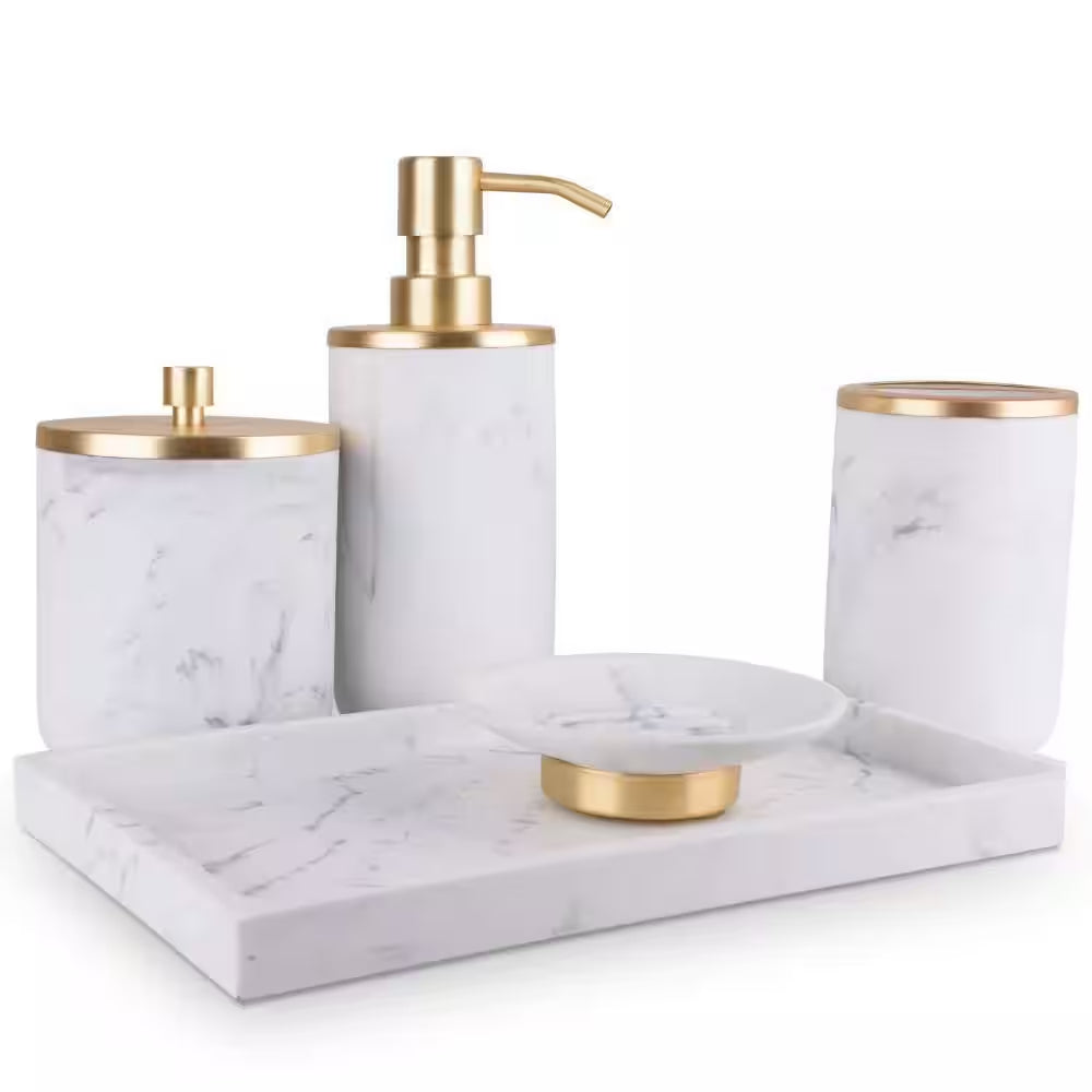 Elegant 5-Piece Bathroom Set – Antique Brass Finish with Tray & Soap Dispenser