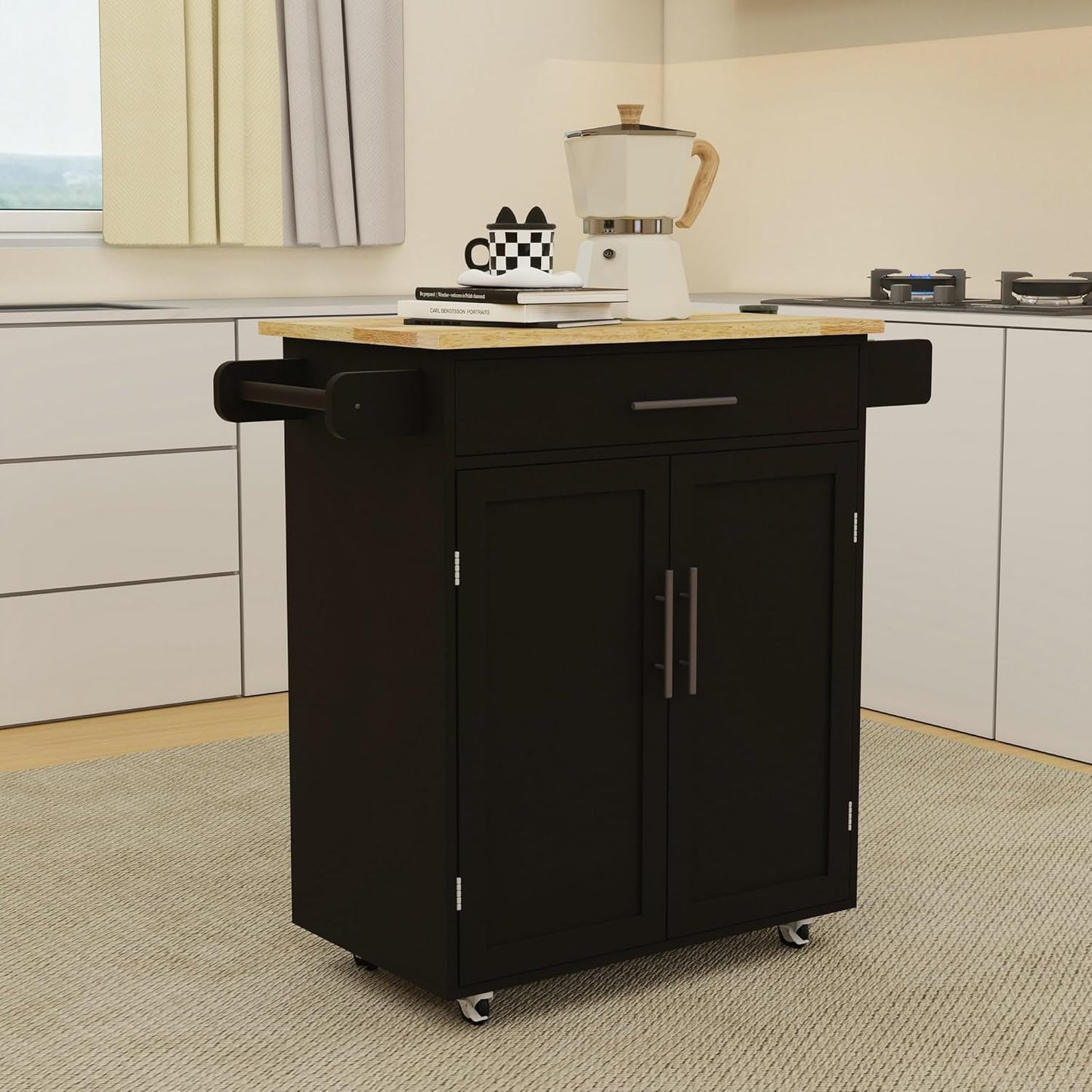 Stylish Mobile Kitchen Island with Versatile Rubberwood Top, Ample Storage, and Convenient Towel & Spice Racks in Elegant Black
