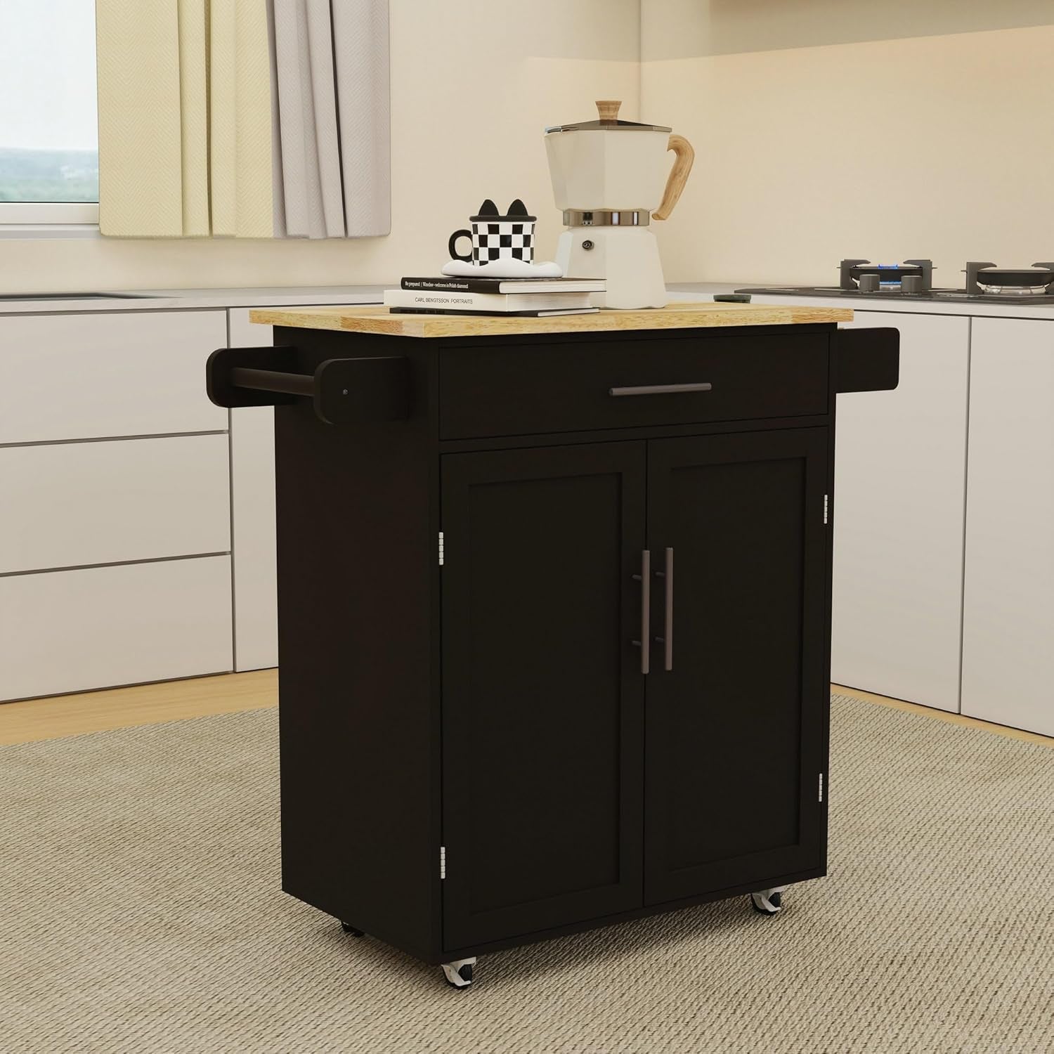 Stylish Mobile Kitchen Island with Versatile Rubberwood Top, Ample Storage, and Convenient Towel & Spice Racks in Elegant Black