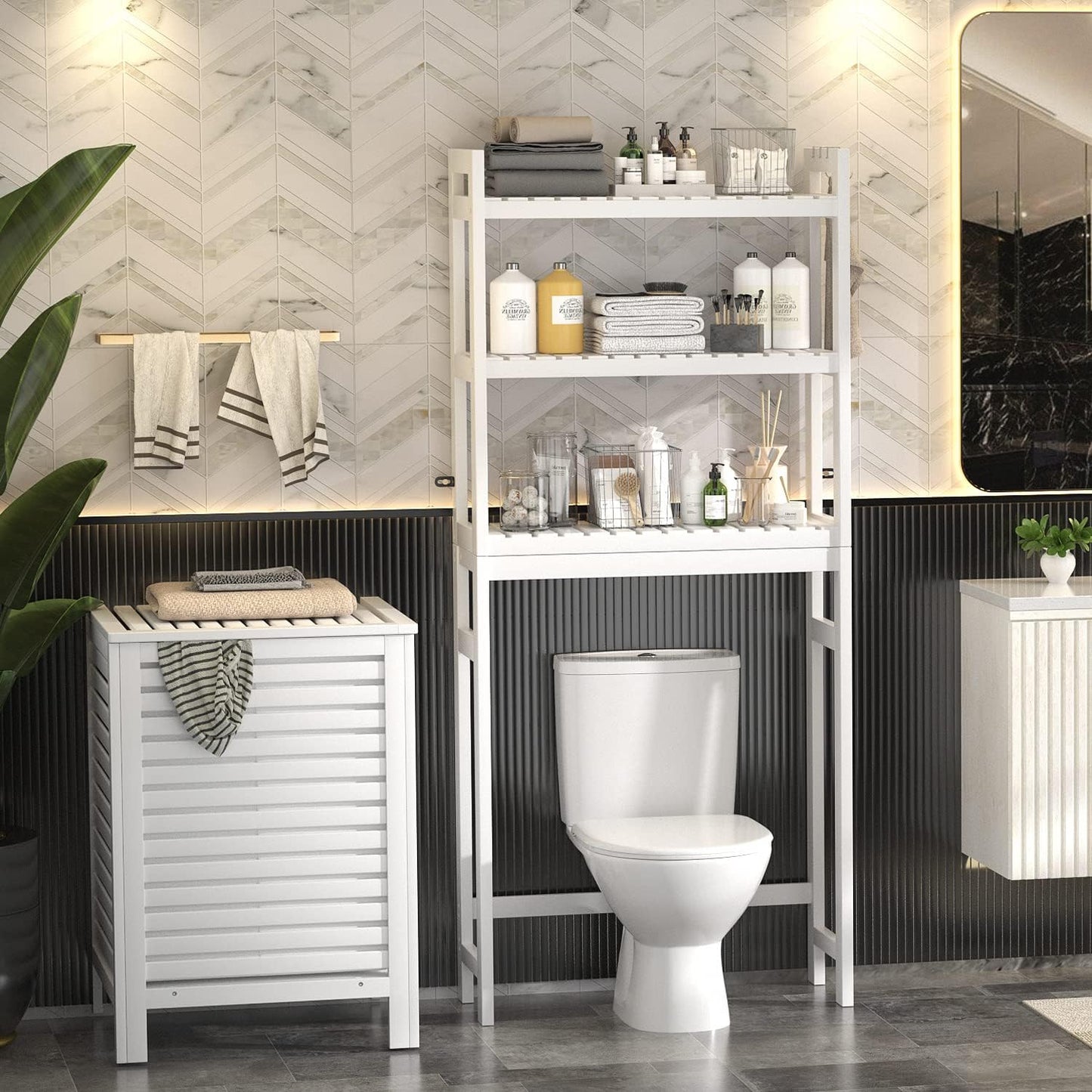 Bamboo 3-Tier Over-Toilet Organizer with Hooks – Freestanding Bathroom & Laundry Storage, White