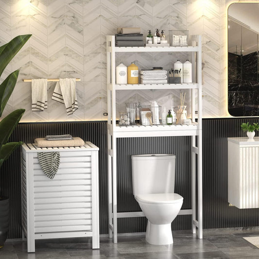 Bamboo 3-Tier Over-Toilet Organizer with Hooks – Freestanding Bathroom & Laundry Storage, White