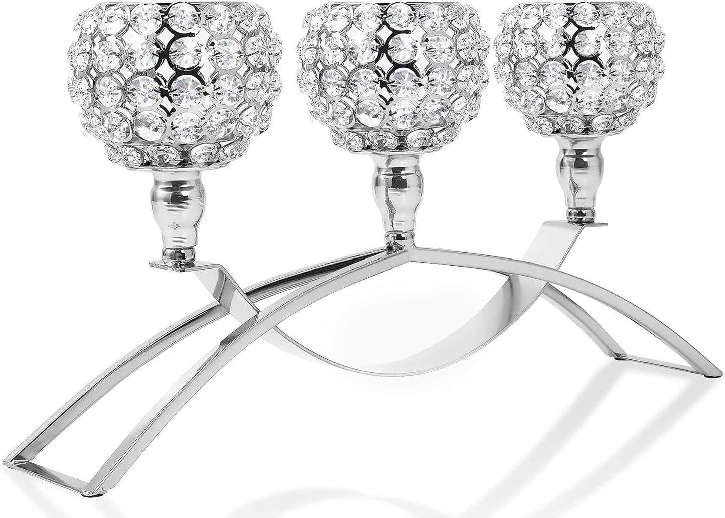 Elegant Silver Crystal 3-Arm Candle Holders - Unique Bling Tea Light Centerpiece
