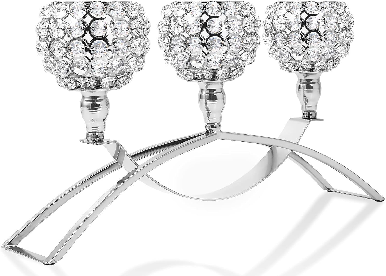 Elegant Silver Crystal 3-Arm Candle Holders - Unique Bling Tea Light Centerpiece
