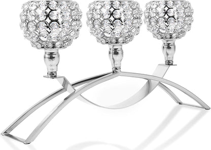 Elegant Silver Crystal 3-Arm Candle Holders - Unique Bling Tea Light Centerpiece