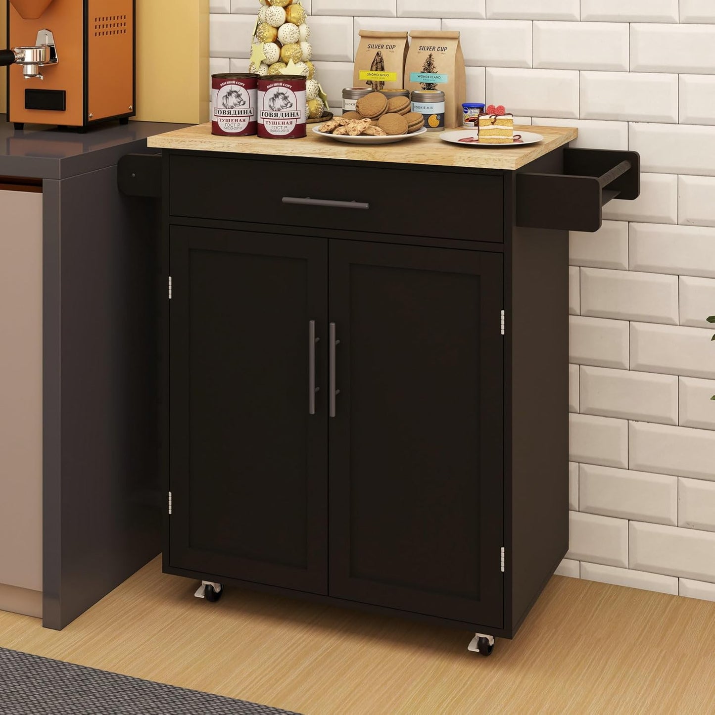 Stylish Mobile Kitchen Island with Versatile Rubberwood Top, Ample Storage, and Convenient Towel & Spice Racks in Elegant Black