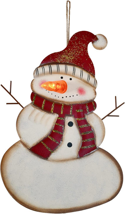 Metal Snowman Christmas Sign with Lights - Decorative Hanging Plaque and Yard Sign for Holiday Decor
