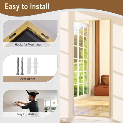 64"x21" Full-Length Freestanding or Leaning Rectangle Floor Mirror with Thin Aluminum Alloy Frame for Bedroom and Living Room, Gold Finish