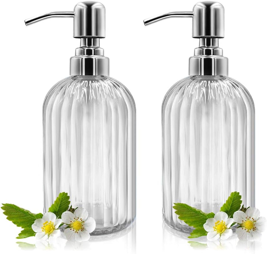 Glass Soap Dispenser Set – 2 Refillable 14 oz Bottles with Stainless Pumps