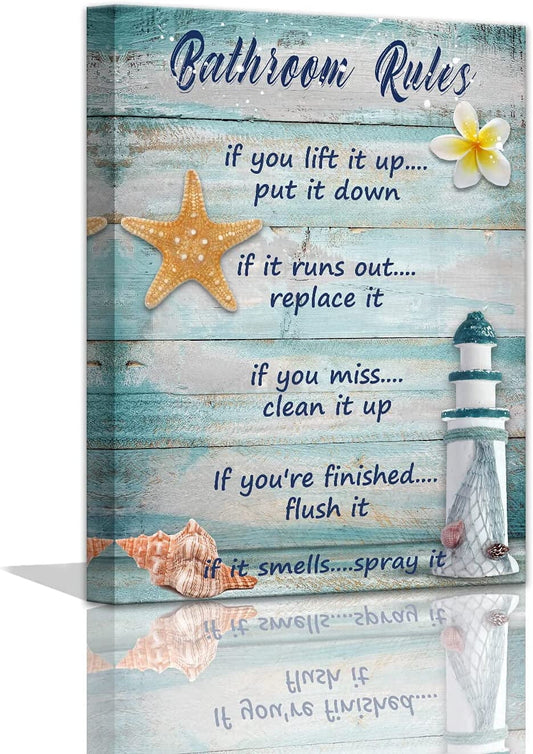 Rustic Beach Bathroom Wall Art – Seashells & Lighthouse Canvas Print, 12"x16", Farmhouse Ocean Decor