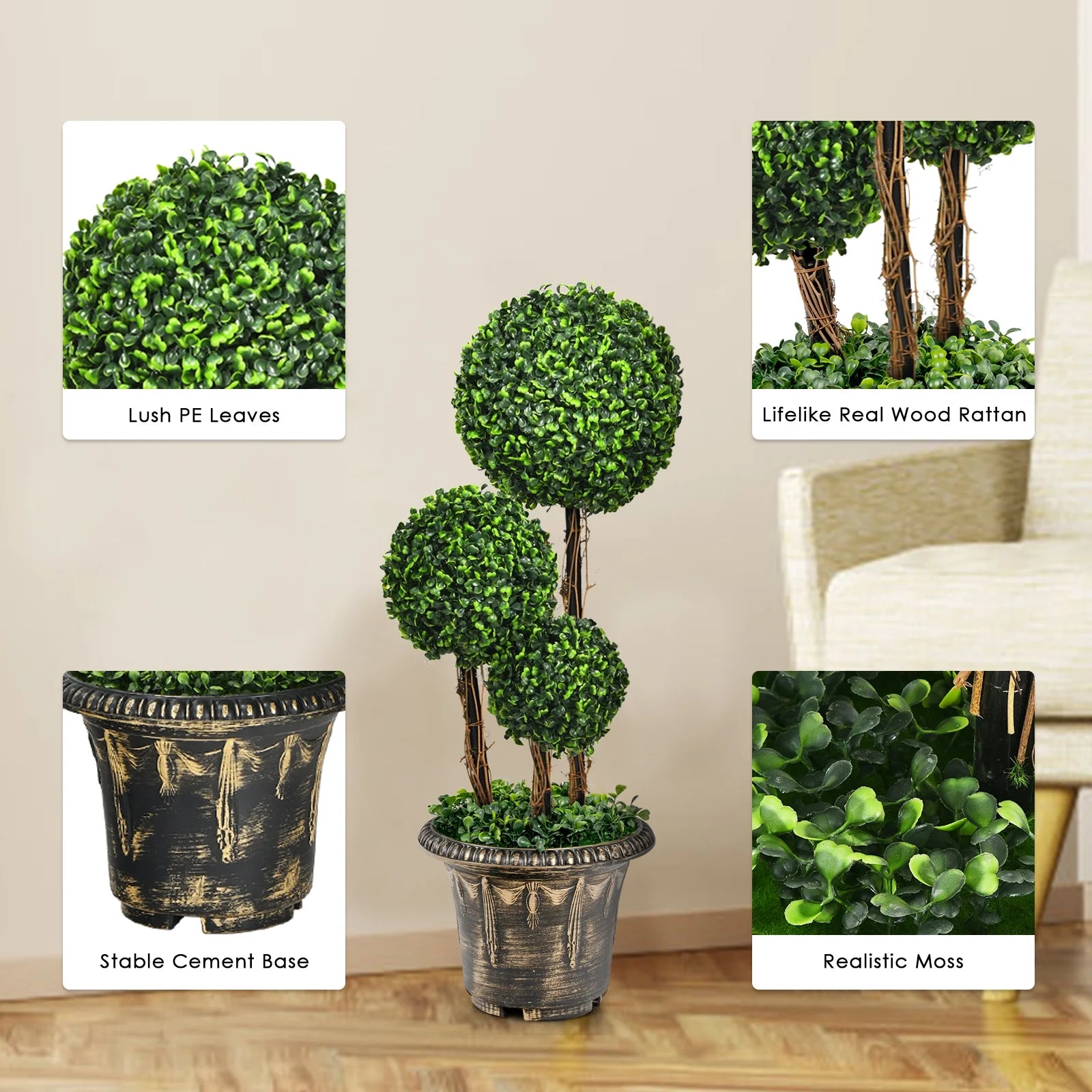 Three-Ball Artificial Topiary Tree, 30"